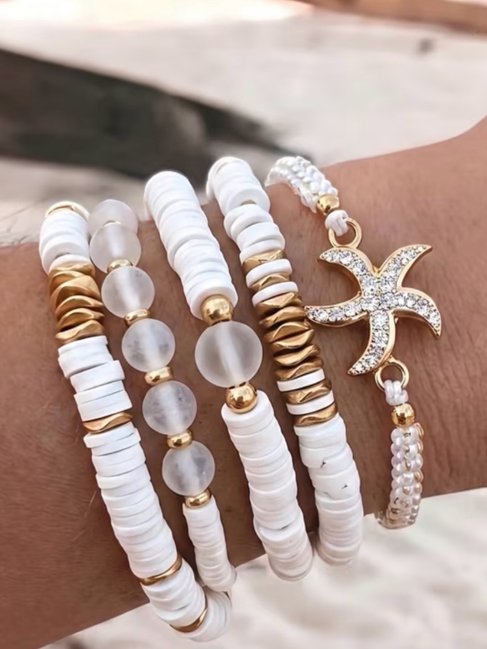 White & Gold Starfish Charm Beaded Bracelet Stack